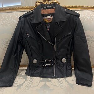 Genuine, leather, Harley Davidson, black motorcycle jacket, size medium